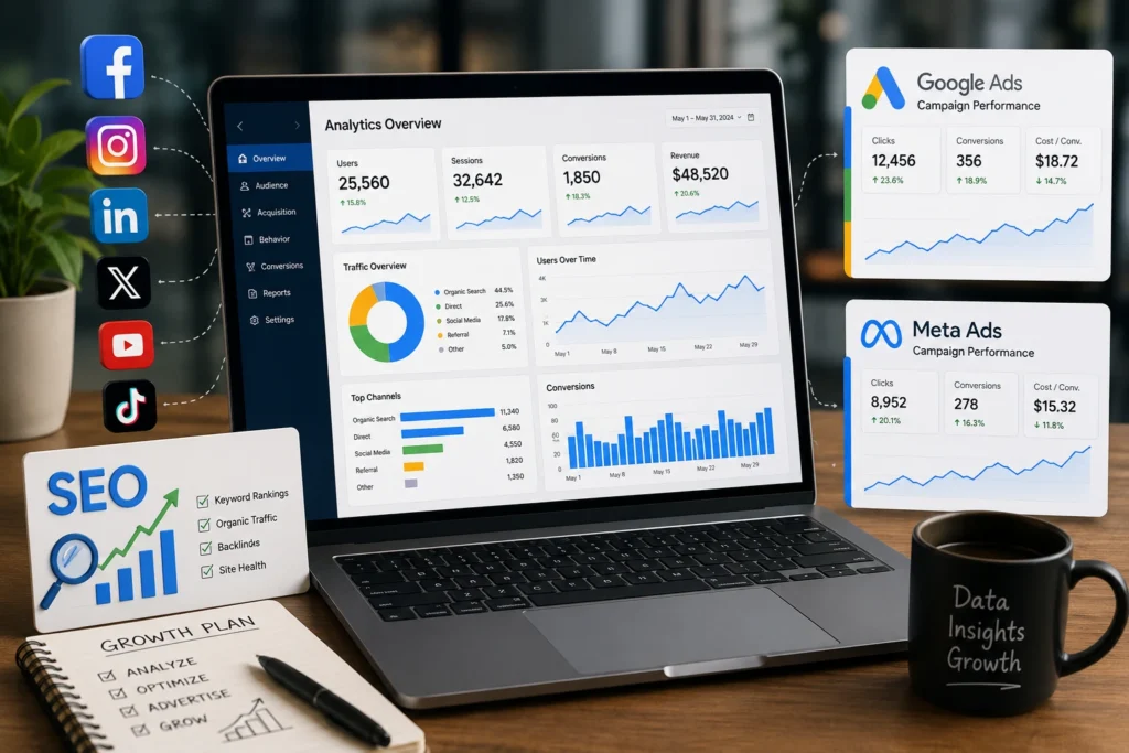 Digital Marketing for Beginners roadmap including SEO, Google Ads, Meta Ads, Email Marketing and Social Media Marketing